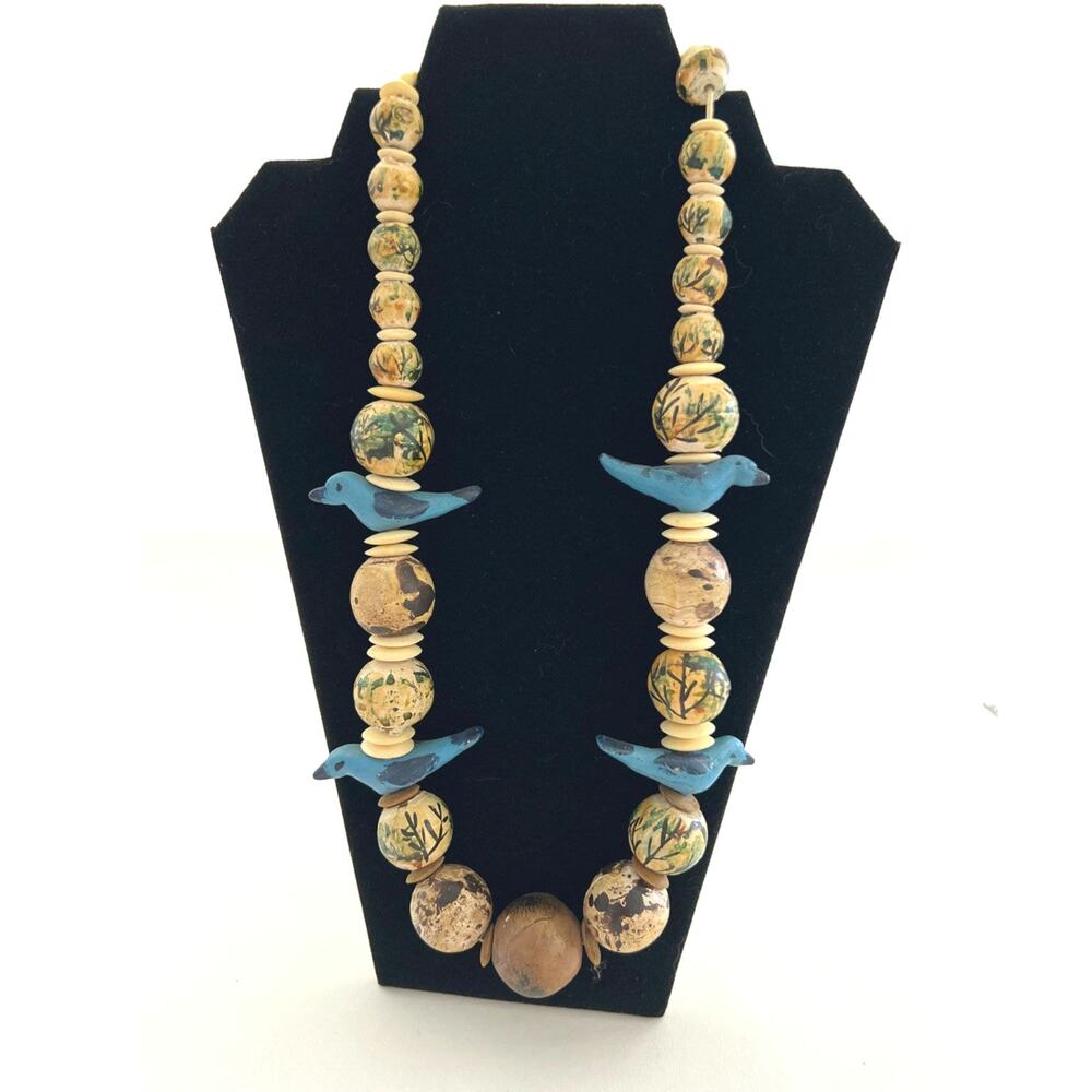Chunky Ethnic Wood Blue Bird Fetish Bead Necklace Turquoise & Brown & Earrings - Picture 3 of 4